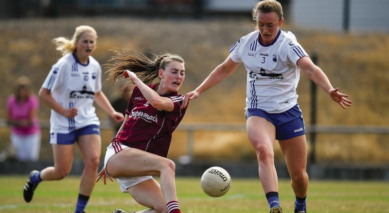 Galway's Aine McDonagh giving her all against Caoimhe McGrath of Waterford during the TG4 All-Ireland ladies football senior championship tie in Birr on Saturday. Photos: Brendan Moran/Sportsfile.