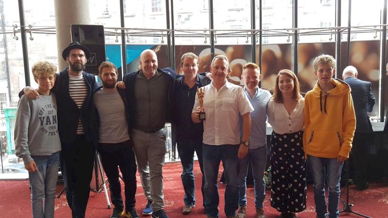 The cast and crew of Waiting for Godot after receiving their Herald Angel award at the Edinburgh Festival.