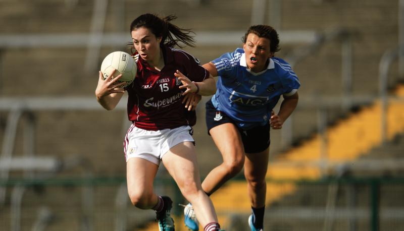 Galway's Leanne Coen tries to break free from Dublin's Leah Caffrey during the All-Ireland Senior Ladies Football Semi-Final at Dr Hyde Park on Saturday. Photos: Eóin Noonan/Sportsfile.