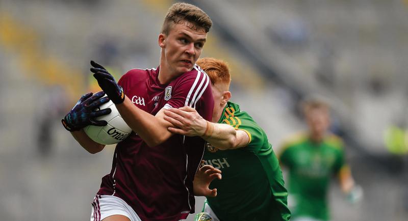Galway centre forward Aidan Halloran breaking past the challenge of Meath's James O'Hare during last month's All-Ireland minor football semi-final at Croke Park.
