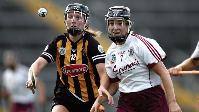 Galway's Lorraine Ryan and Julianne Malone of Kilkenny in a race for possession during Saturday's All-Ireland senior camogie semi-final at Semple Stadium. Photo: INPHO/Bryan Keane