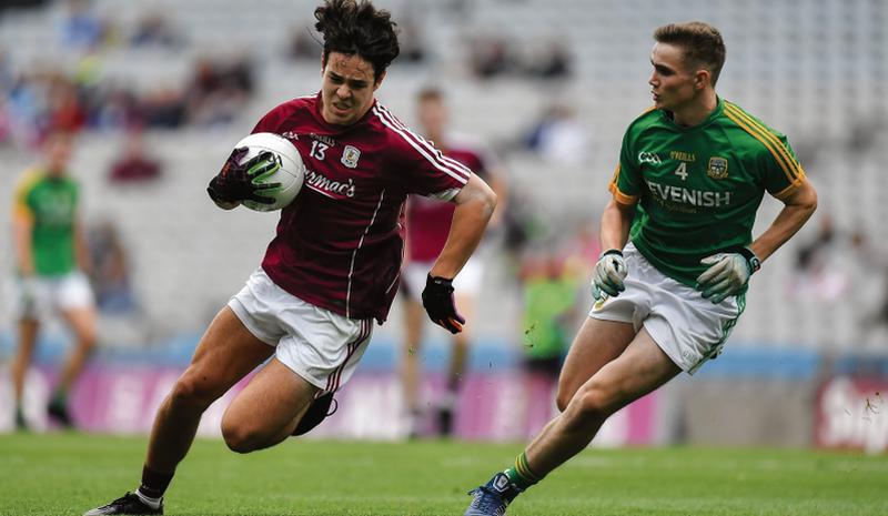 Galway's Eoghan Tinney takes on Cathal Hickey of Meath during the All-Ireland minor football semi-final at Croke Park on Saturday. Photo: Brendan Moran/Sportsfile.