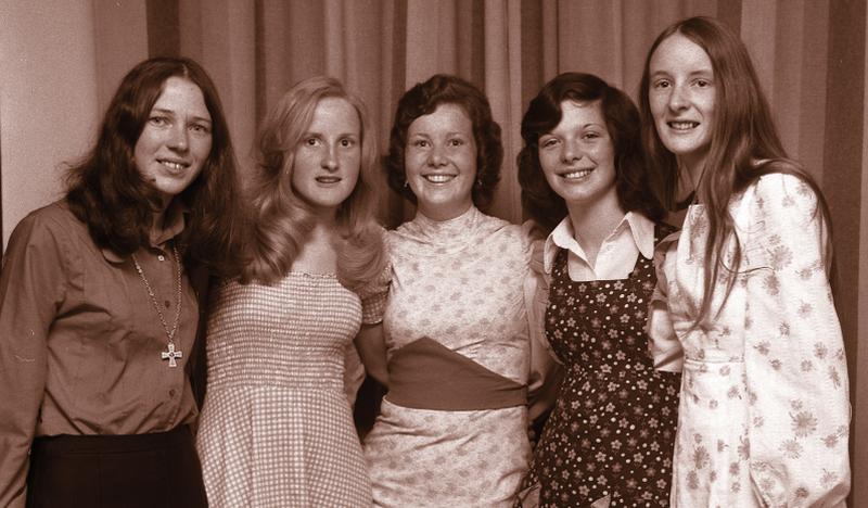 Attending the Presentation Convent Secondary School (Galway) Bon Voyage Ball at the Salthill Hotel in May 1975 were (from left): Carmel Lydon, Moycullen; Teresa Ryan, Davis Road, Shantalla; Regina Griffin, Rahoon Park; Mary Bohan, Moycullen; and Marguerite Hurney, Moycullen.
