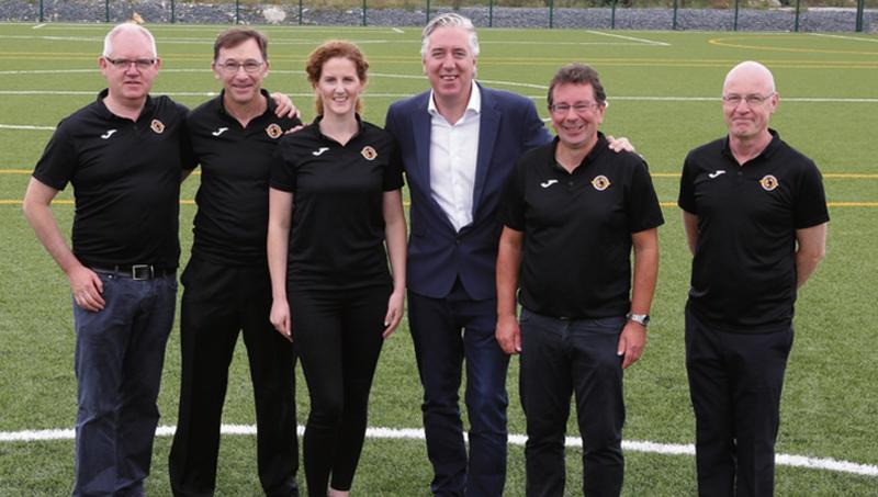 Liam Roche, Niall O Ruanaigh, Ali McComiskey, Noel O'Toole and Joe Reddingtonm, all of Bearna na Forbacha Aointaithe, pictured with John Delaney, Chief Executive of the FAI, at the opening of the club's new astroturf facility.