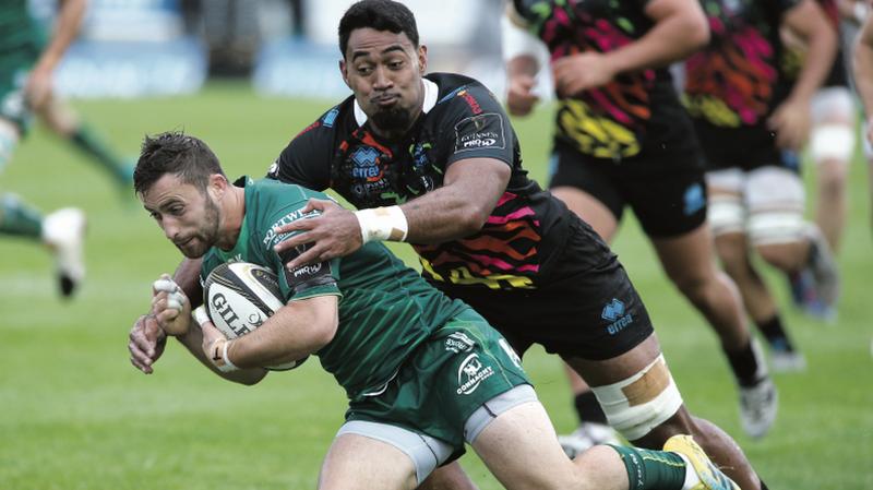 Connacht scrum half Caolin Blade tries to escape the clutches of Zebre's Matu Tevi during Saturday's PRO14 encounter at the Sportsground. Photo: Joe Shaughnessy.