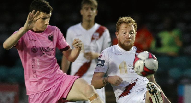 AGalway United's Ryan Connolly battling for possession with Wexford FC's Dean Walsh during Friday night's First Division tie at Eamonn Deacy Park. Photos: Joe O'Shaughnessy.