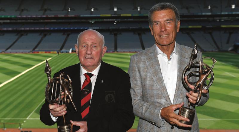 Former GAA stars, Down footballer Paddy Doherty and Galway hurler John Connolly, with their GPA Lifetime Achievement Awards at Croke Park: Photo: Piaras Ó Mídheach/Sportsfile.