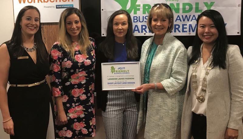 Keira Keogh (left), Deputy President JCI Ireland, and Carol Ho (right), President JCI Galway, presenting a JCI Galway Friendly Business Award to Caroline McCarthy (second right), proprietor Lanidor. Also pictured are Katja Rataj and Cliodhna Johnstone of Lanidor.