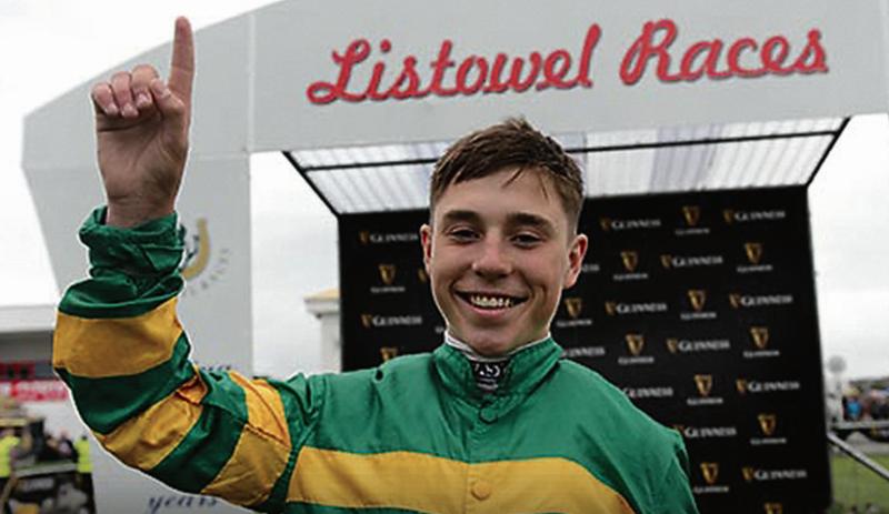 Galway jockey Evan Daly shows his delight after Gold Seal was awarded the featured Lartigue Hurdle in the Stewards Room at Listowel on Tuesday.