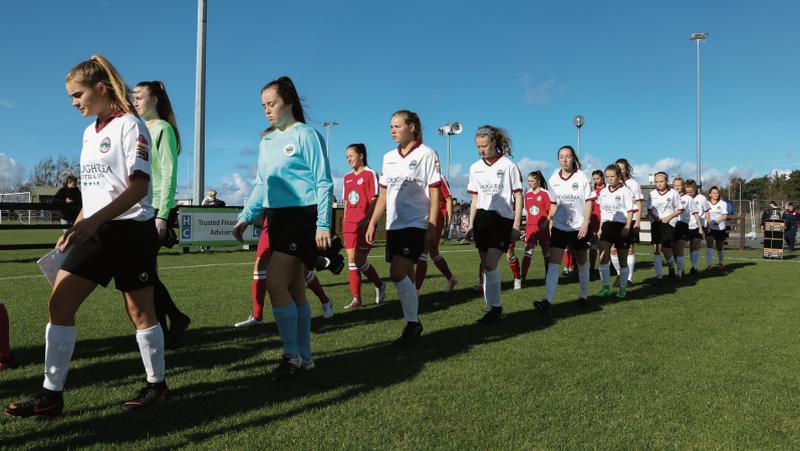 The Galway WFC and Shelbourne teams take to the pitch before the start of the WNL U-17 League Final in Drom. Photo: Joe O'Shaughnessy.