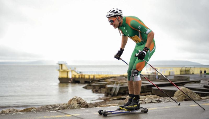 Irish Winter Olympian Thomas Hjalmar Westgard, whose mother hails from Dunmore in Galway, taking on last weekend's Galway Bay Marathon on skis, along with the rest of the Irish cross country skiing team, to promote and create awareness of the sport in Ireland.
