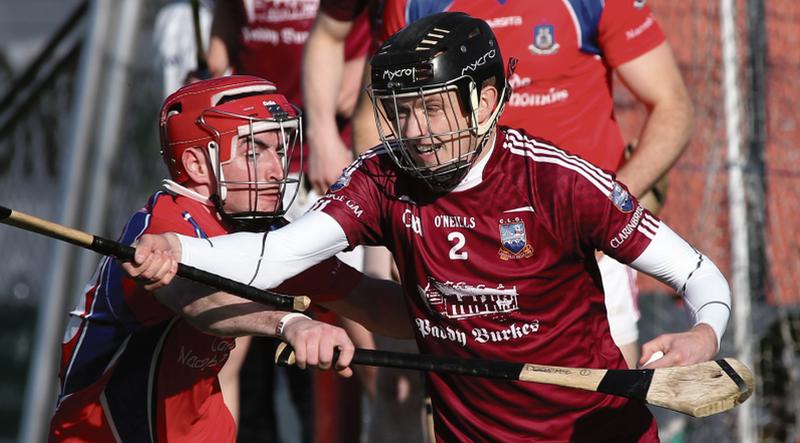 Clarinbridge's Alan Armstrong tries to shake off the attentions of St Thomas' Damien McGlynn during Sunday's senior hurling quarter-final at Kenny Park. Photos: Joe O'Shaughnessy.