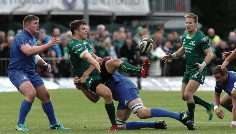 Connacht's Tom Farrell has his progress halted by Devon Toner as Tadhg Furlong and Kieran Marmion look on. Photos: Joe O'Shaughnessy.