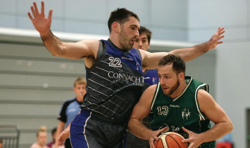 Dylan Cunningham (right), who hit 16 points and claimed 13 rebounds for Moycullen at the weekend; while Maree's Paul Freeman featured strongly in their win over UCC Demons. Photo: Joe O'Shaughnessy.