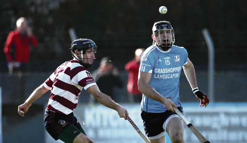 Oranmore/Maree's Sean McInerney prepares to secure possession against Thomas Nally of Rahoon/Newcastle during Sunday's Intermediate hurling semi-final at Kenny Park. Photos: Joe O'Shaughnessy.