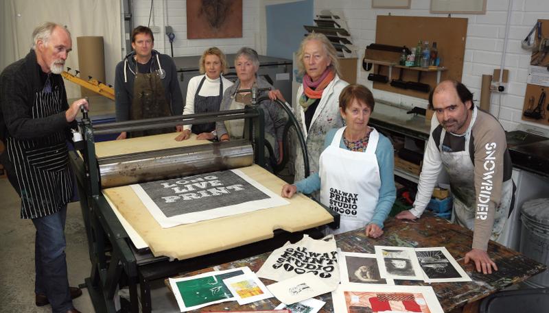 Galway Print Studio staff: Gerard O'Brien, Padraig Conway, Sioban Piercy, Kerry McClure, Leonie King, Mary Geeleher and David Pierce.