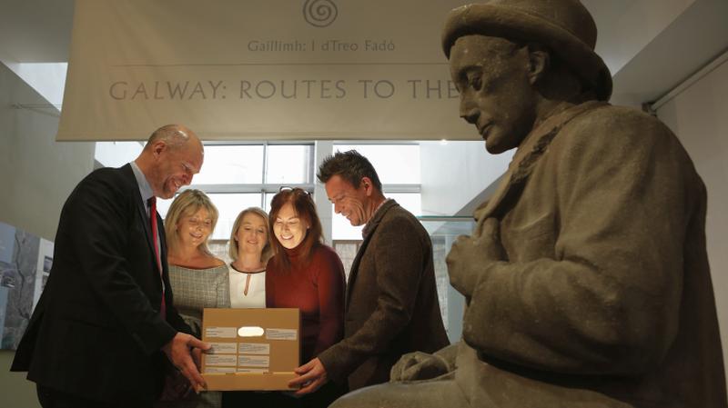 Sean-Phádraic casts a watchful eye as (from left) GRETB CE David Leahy, GTI Principal Geraldine Gibbons, and GTI Deputy Principal Alison Ward present correspondence relating to the writer to the Museum’s Collections Officer Helen Bermingham and its Education Officer Brendan McGowan.