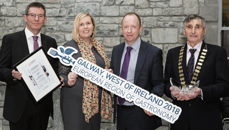 Celebrating their Excellence in Local Government Award are (from left) Kevin Kelly, Chief Executive, Galway County Council; Elaine Donohue, Co-ordinator, Galway, West of Ireland, European Region of Gastronomy; Alan Farrell, Director of Services Economic, Galway County Council; and Seán Ó Tuairisg, Cathaoirleach, Galway County Council.