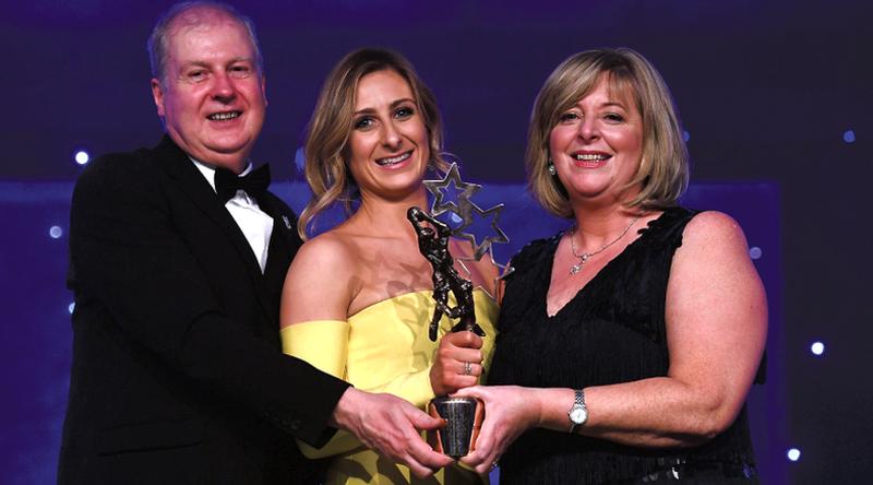 Sinéad Burke of Galway is presented with her TG4 All Star award by Ard Stiúrthóir TG4, Alan Esslemont and President of LGFA Marie Hickey during the TG4 Ladies Football All Stars Awards, in association with Lidl, at the Citywest Hotel in Dublin. Photo: Brendan Moran/Sportsfile.