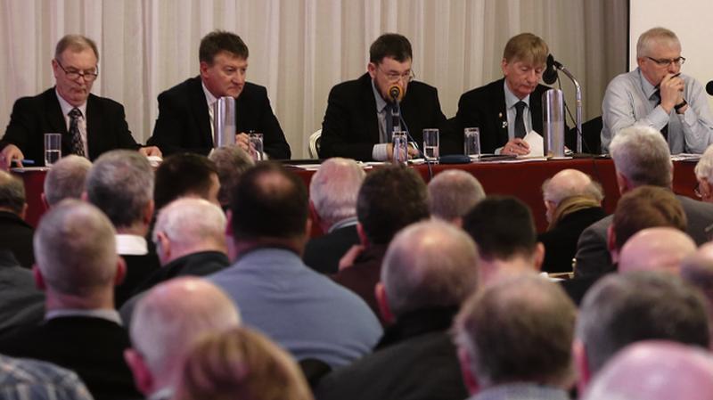 The top table at the County Board Convention in the Claregalway Hotel on Monday evening, from left: Gerry Larkin, Central Council delegate, Kenneth Fox, Vice-Chairman, Seamus O'Grady, acting Secretary, Pat Kearney, Chairman and Michael Burke, Treasurer.