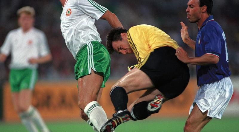 Packie Bonner denying Salvatore Schillaci on this occasion during the quarter-final of the 1990 World Cup - but what did they make of it in Abbeyknockmoy?