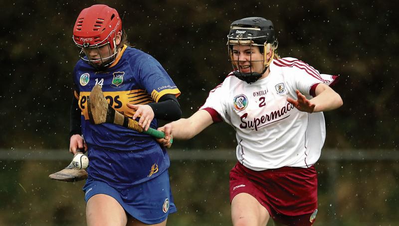 Galway’s Lorraine Ryan tries to halt the progress of Tipperary's Caoimhe Maher during Sunday's National Camogie League clash at The Ragg. Photos: INPHO/Ryan Byrne