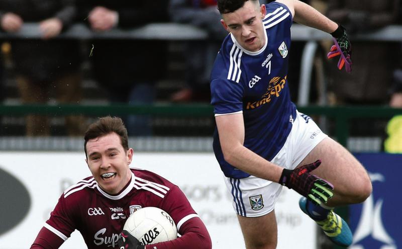 Galway attacker Padraig Cunningham getting the better of Cavan's Conor Rehill during Sunday's National Football League tie at Pearse Stadium. Photo: Joe O'Shaughnessy.