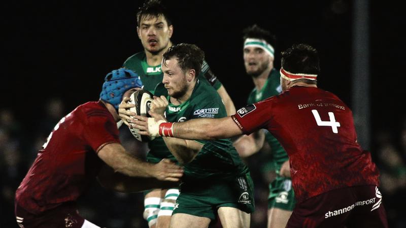 Connacht out half Jack Carty takes on the Munster cover during Saturday's PRO14 encounter at the Sportsground. Photo: Joe O'Shaughnessy.