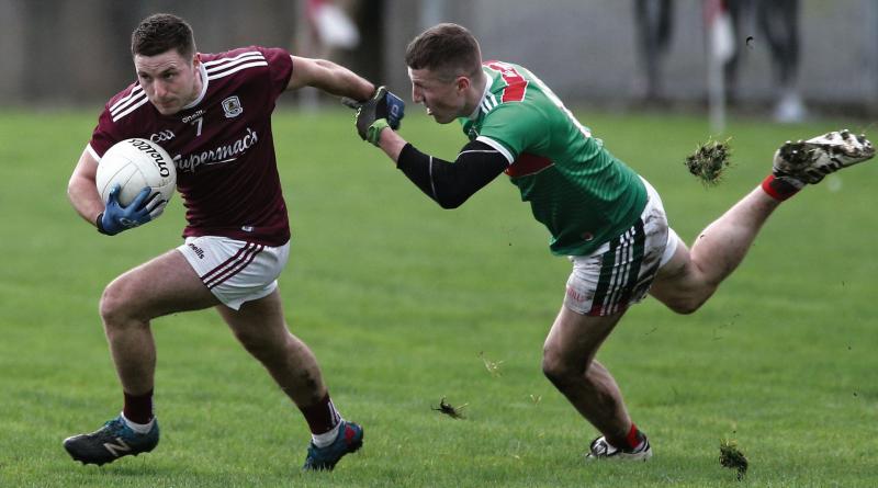 Galway's Dylan Wall getting the better of Mayo's Conor Diskin during Sunday's FBD League semi-final at Tuam Stadium. Photo: Joe O'Shaughnessy.