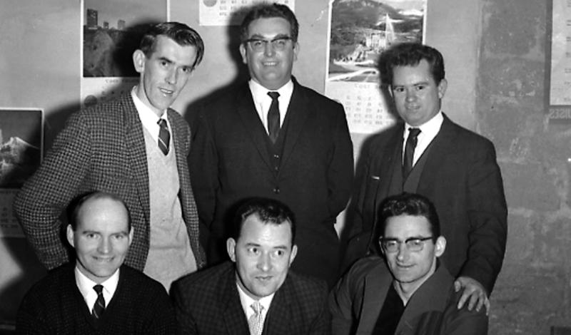 Members of the Male Chorus of 'The White Horse Inn', presented by the Patrician Musical Society in Galway in April 1967: Front row: Steve Cassidy, Bob Manners, Bill Phelan. Back row: Michael O'Connor, Finbar O'Mahoney, Charlie Kearney.