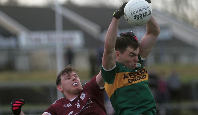 Galway’s Tomas Flynn and Kerry’s Jack Barry contest the high ball during Sunday's National Football League clash at Tuam Stadium. Photo: Enda Noone.