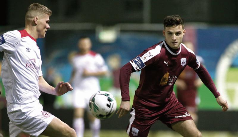 Galway United's Conor Barry and Shelbourne's Derek Pendergast tussling for possession during Friday night's First Division tie at Eamonn Deacy Park. Photos: Joe O'Shaughnessy.