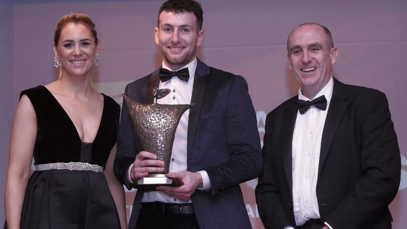 Galway Sports Stars hurling award winner Padraic Mannion with special guest, Evanne Ní Chuilinn, and Tony Neary, Medtronic, sponsors, in the Galway Bay Hotel. Photo: Iain McDonald.