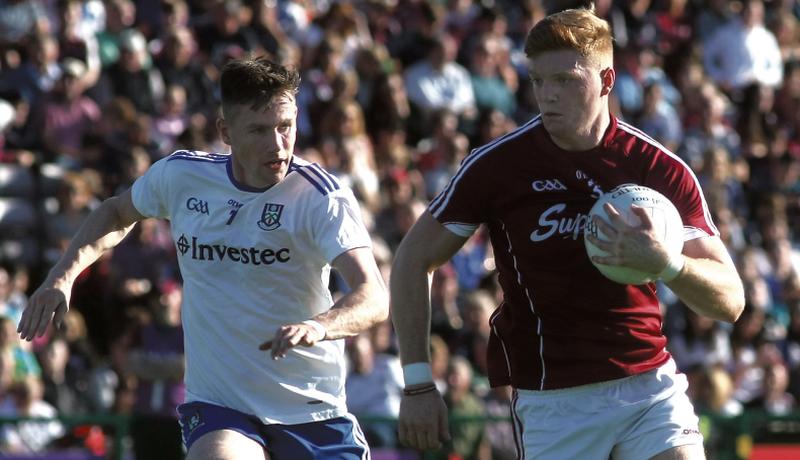 Galway defender Sean Andy O Ceallaigh in action against Monaghan's Karl O'Connell during last year's championship Super 8's clash at Pearse Stadium. The teams meet in the league on Sunday.