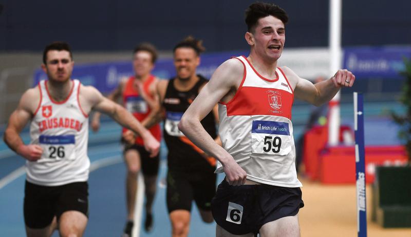 GCH's Cillin Greene celebrates his 400m win at the Irish Life Health National Senior Indoor Athletics Championships in Abbotstown on Sunday.