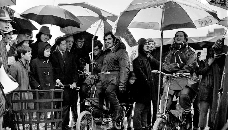 Students undertaking a cycle 'marathon' for charity during Rag Week at UCG in February 1970.