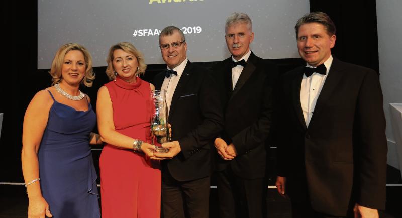 Siobhan and Paul Lawless (holding award) of Foods of Athenry, Food and Drink winner at the SFA Awards with SFA chair Sue O’Neill (left), chair, SFA; Declan Coppinger of sponsor Bord Bia, and SFA director Sven Spollen-Behrens.