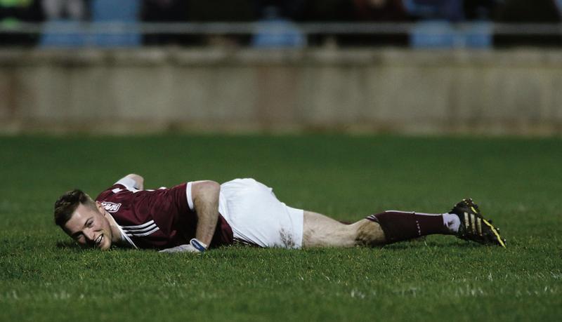 SOMETHING TO SMILE ABOUT . . . Danny Cummins shows his delight after scoring Galway's goal against Mayo in Saturday's National League football win over Mayo at MacHale Park. Photo: Joe O'Shaughnessy.