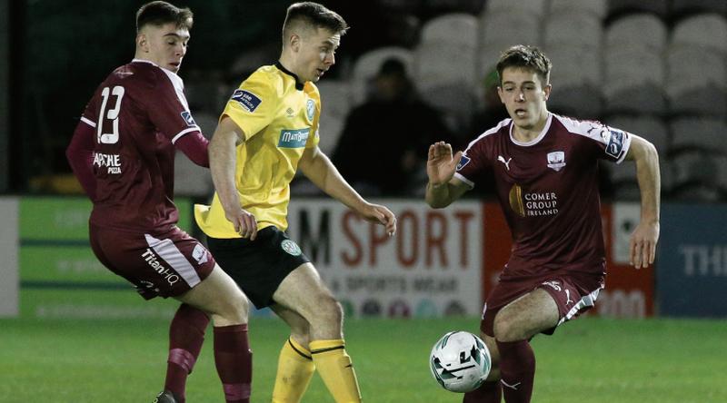 Galway United's Maurice Nugent and Cian Murphy try to close down Bray Wanderers' Joe Doyle in Eamonn Deacy Park last Friday night. Photos: Joe O'Shaughnessy.