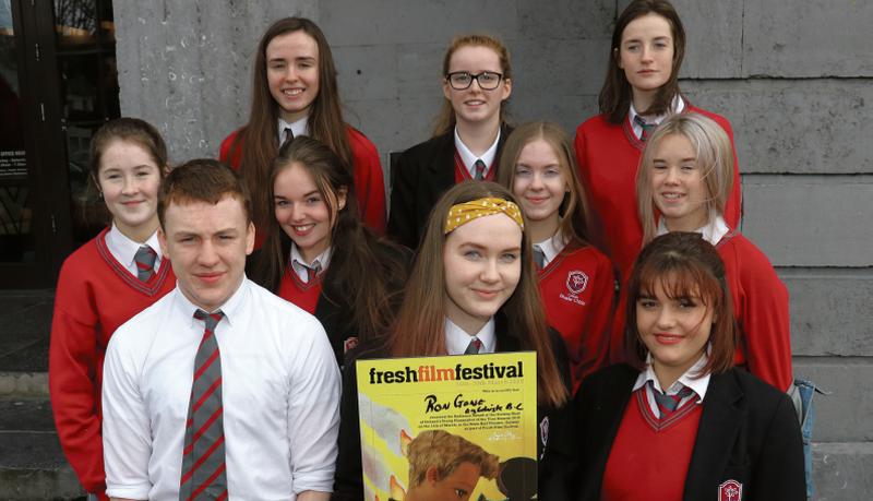 Jack McKenna, 17, pictured at the Galway regional heats for Ireland's Young Filmmaker of the Year Awards 2019 at the Town Hall Theatre with his school-mates from Coláiste Bhaile Chláir after winning the Audience Award for their film ' Ron Gone!'.