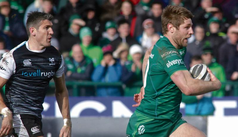 Connacht try scorer Kiyle Godwin leaves the Ospreys' James Hook trailing in his wake during Saturday's Pro14 encounter at the Sportsground.