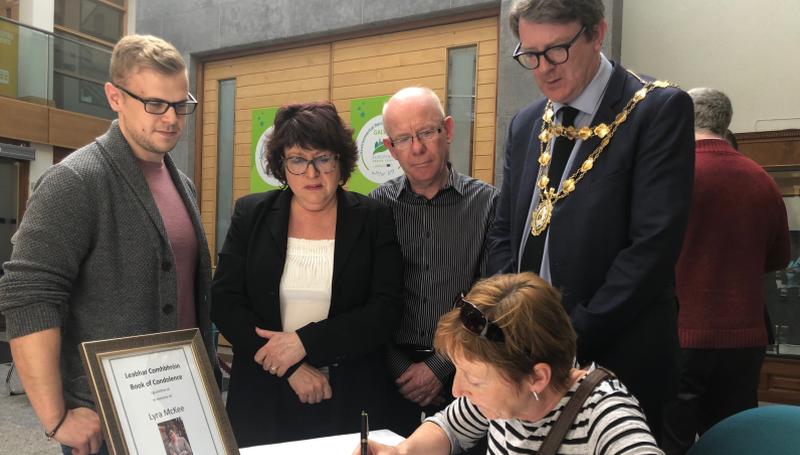 A Book of Condolence for murdered journalist Lyra McKee has been opened at City Hall in Galway by Mayor Niall McNelis and will remain open until Friday, May 3. The Mayor is photographed with National Union of Journalists West of Ireland Branch members Stephen Corrigan, Bernie Ní Fhlatharta, Declan Tierney and Judy Murphy.