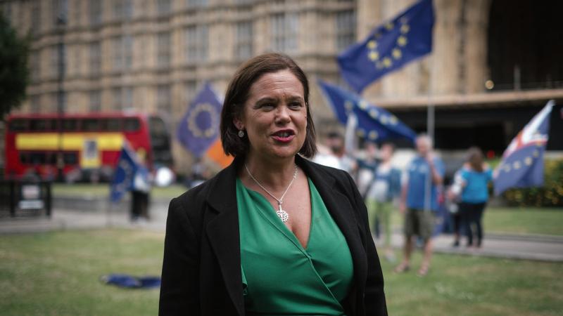 Outside looking in...Sinn Féin leader Mary Lou McDonald in the shadow of Westminster.