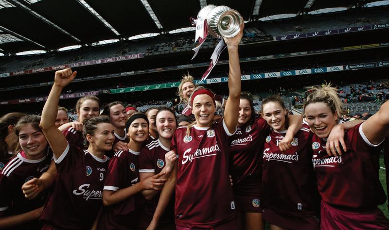 Galway camogie captain Sarah Dervan leads the celebrations after the Tribeswomen overcame Kilkenny in the National League final at Croke Park on Sunday. INPHO/James Crombie.