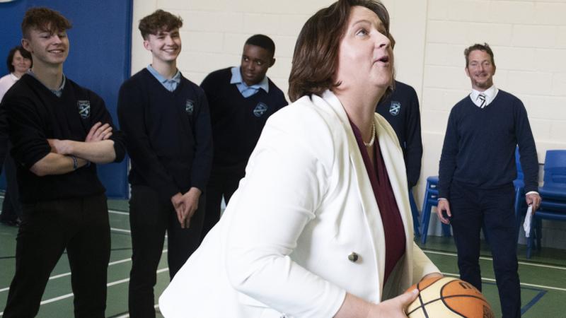 Euro candidate Anne Rabbitte tries her hand at basketball, on the canvass in the Bish Seconday School in Galway. Photo: Andrew Downes, XPOSURE