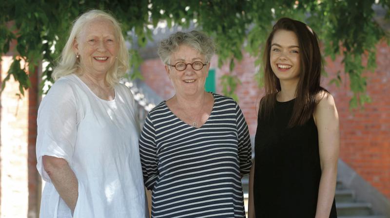 Actress Marie Mullen with Druid's Artistic Director Garry Hynes and Eleanor White, who won the first bursary named in Marie's honour.