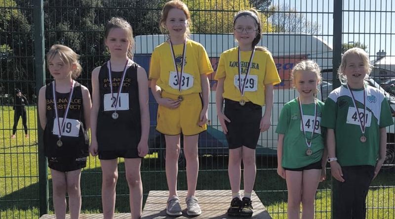 Lauren Loughrey and Laura Berrigan of Ballinasloe AC, 2nd, Daisy Griffin and Carla Fahy, Loughrea AC, winners, and Ella Brennan and Lauren Casserly, Tuam AC, 3rd, at the Galway Juvenile Track and Field Championships in Dangan.