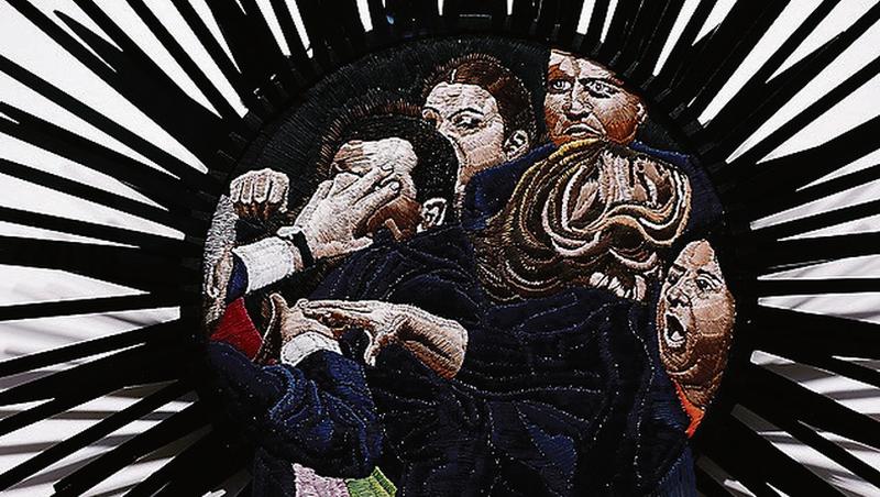 The Politicians, an embroidery sculpture by Ursula Burke.