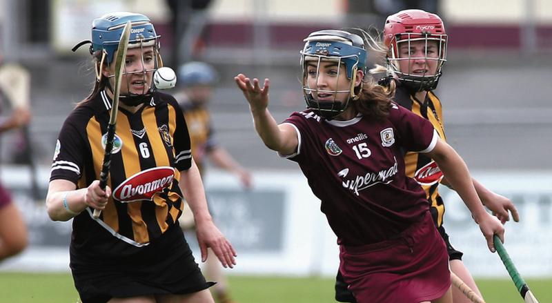 Galway's Noren Coen gets the ball away against Kilkenny's Claire Phelan at Kenny Park.