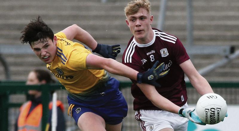 Galway midfielder James McLaughlin getting the better of Roscommon's Cian Glennon in an earlier round of the Connacht minor football championship. He will be central to their hopes of overcoming Mayo on Friday evening.